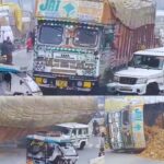 Accident : भूसे से भरा ट्रक बोलेरो पर पलटा, हुई चकनाचूर, दबने से चालक की मौत - VIDEO