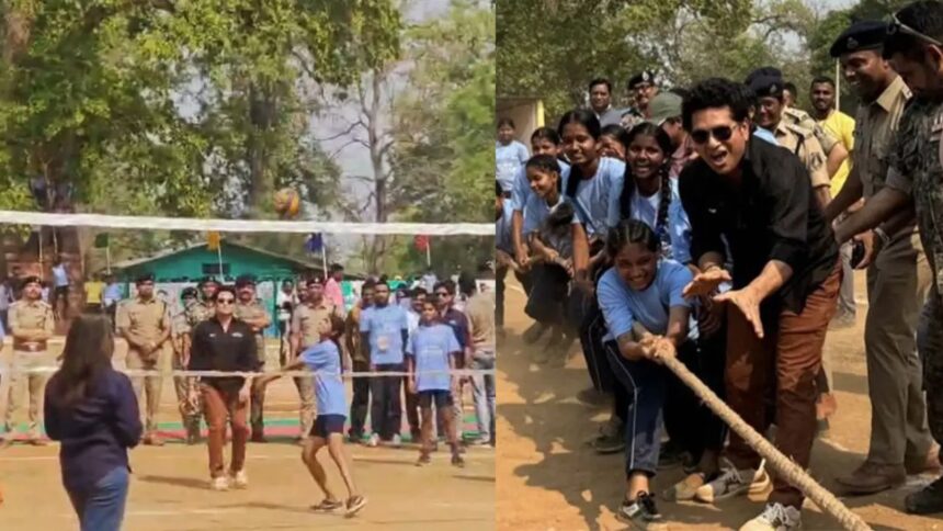 Sachin Tendulkar in CG : दंतेवाड़ा के छिंदनार में गूंजा उत्साह : सचिन तेंदुलकर ने कहा- बस्तर में प्रतिभा की कमी नहीं, 100 से ज्यादा खेल मैदान बनाने का किया ऐलान, बच्चियों के साथ खेला वॉलीबॉल