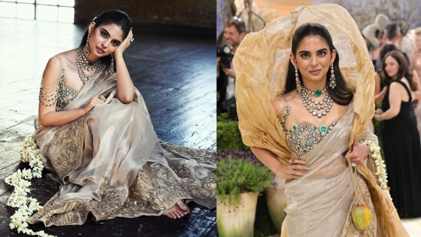 Met Gala 2026 में Isha Ambani का जलवा, gold के धागों की साड़ी, 1800 कैरेट diamond blouse ने खींचा ध्यान
